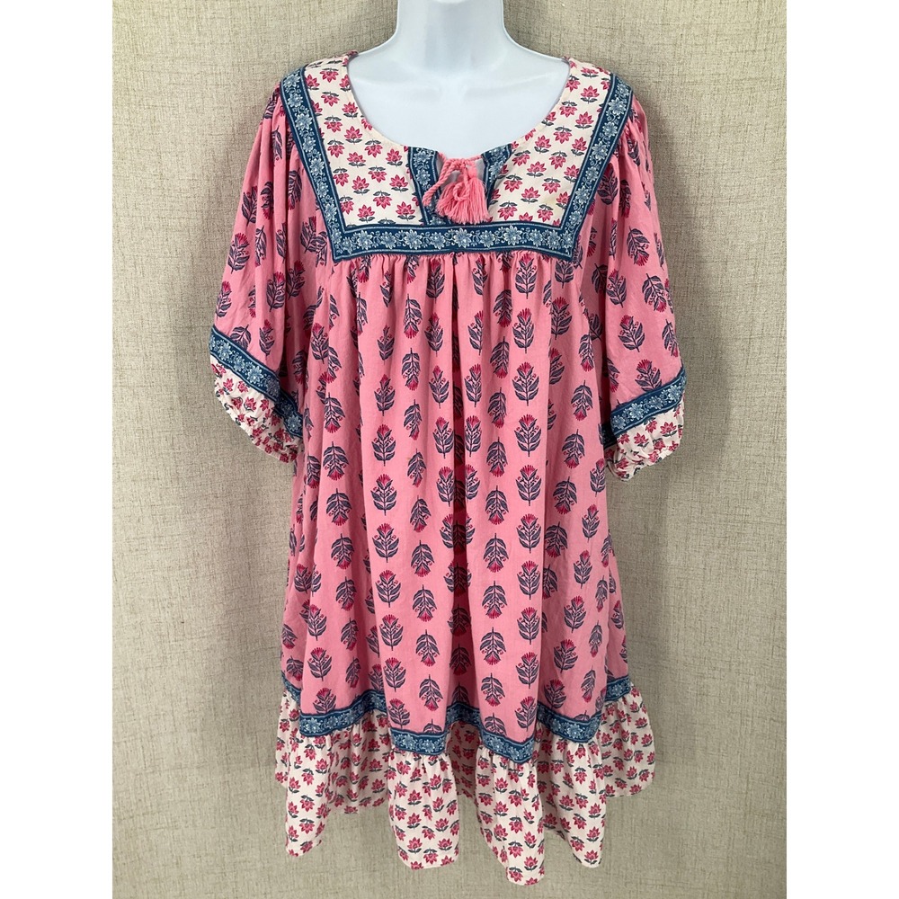 Old Navy Dress Womens 2X Pink Floral Boho Tassel Tiered Babydoll Cottagecore
